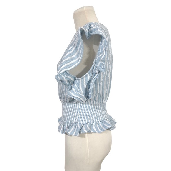 Cupcakes and Cashmere Blue White Stripe Smocked Peplum Ruffle Sleeve Juniors M - Picture 2 of 6